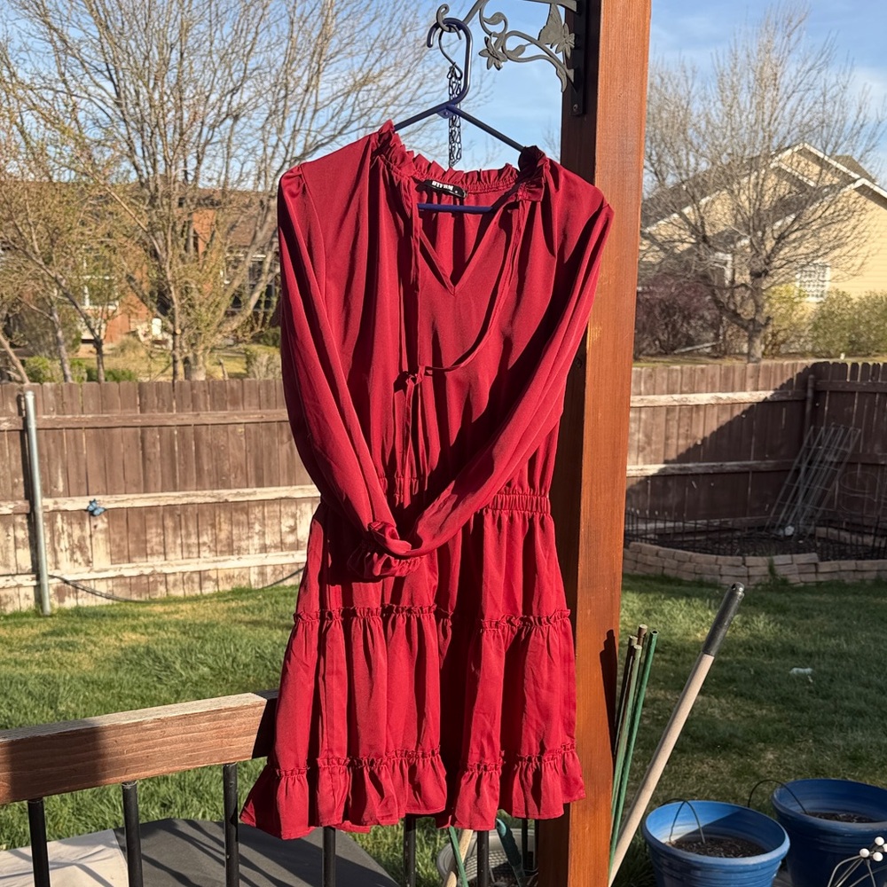 Flowy Red Long-Sleeve Tiered V-Neck Dress with Tie